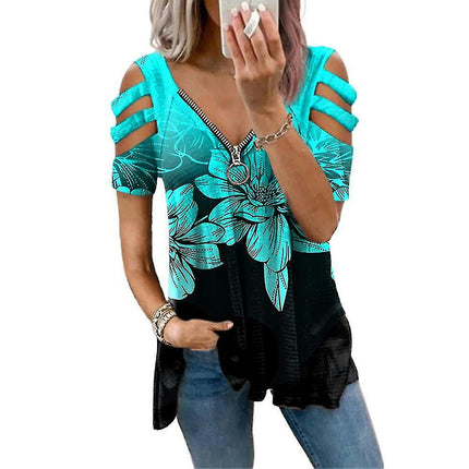 Lady Zip V-neck Summer T-shirt Short Sleeve Casual Top