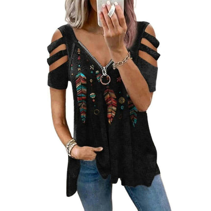 Lady Zip V-neck Summer T-shirt Short Sleeve Casual Top