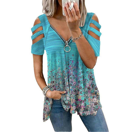 Lady Zip V-neck Summer T-shirt Short Sleeve Casual Top