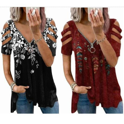 Lady Zip V-neck Summer T-shirt Short Sleeve Casual Top