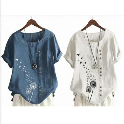 Lady Summer Printed Short Sleeve T-shirts Holiday Loose Casual Tops