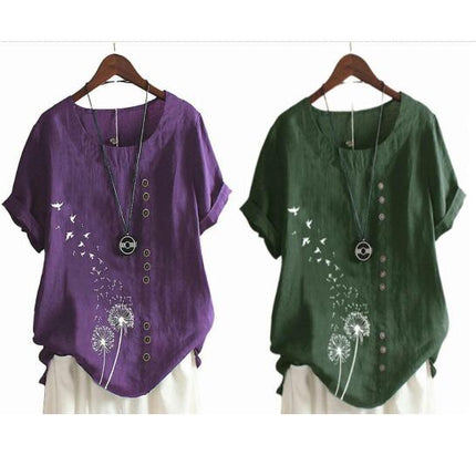 Lady Summer Printed Short Sleeve T-shirts Holiday Loose Casual Tops
