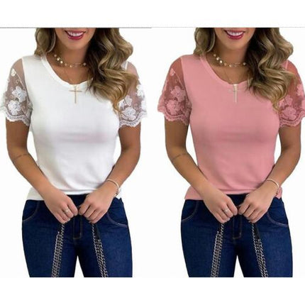 Ladies Summer Short Sleeve T Shirt Tops Womens Plain Lace Blouse Tee Plus Size