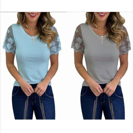 Ladies Summer Short Sleeve T Shirt Tops Womens Plain Lace Blouse Tee Plus Size