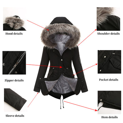 Women's Fur Hood Winter Parka Thicken Hooded Jacket Coat with Fleece Lined