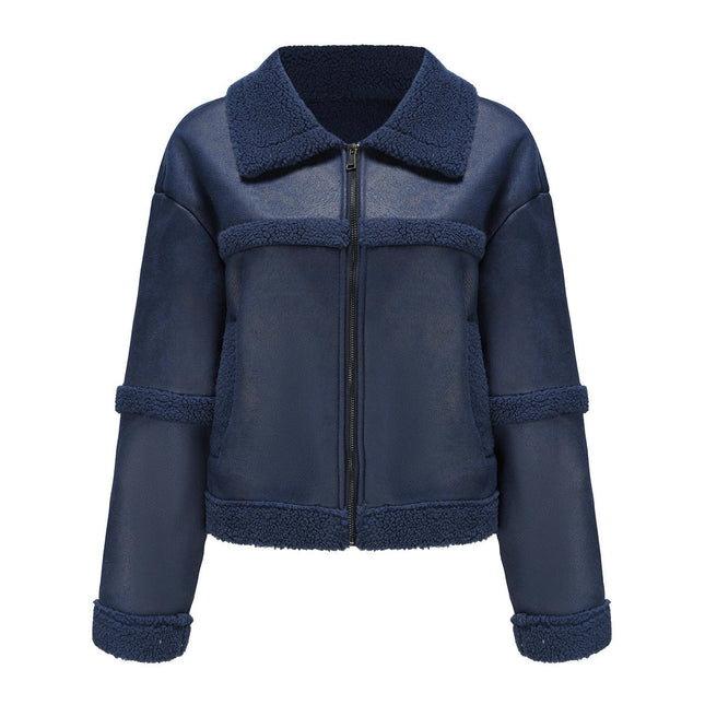 Women Faux Leather Jacket with Faux Fur Lining Warm Winter Coat