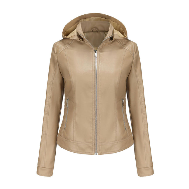 Women's Faux Leather Jacket Motorcycle Coat with Removable Hood-A1