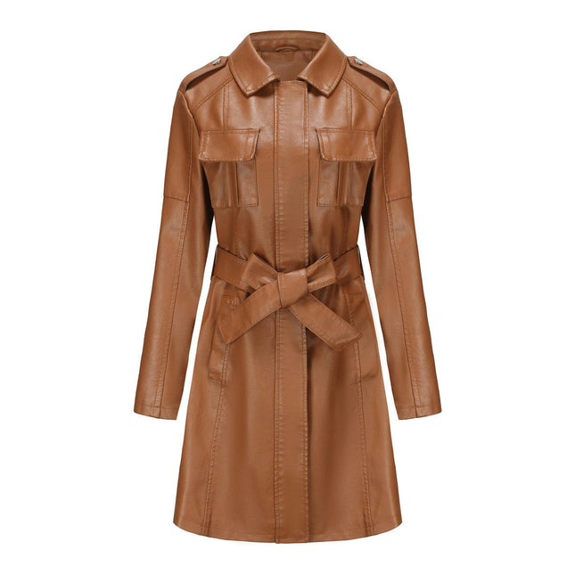 Women Faux Leather Jacket Mid Length Trench Coat Belted