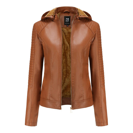 Women's Removable Hooded Faux Leather Jackets Fleece Lined Coat