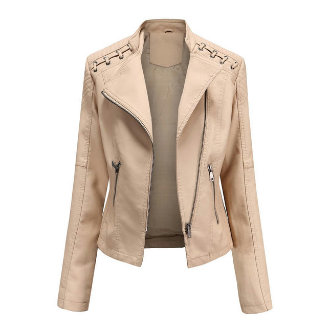 Women's Faux Leather Motorcycle Jacket Slim Short Biker PU Coat