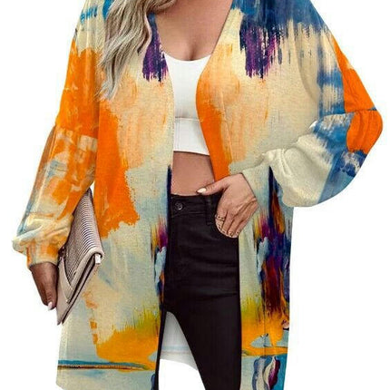 Women's Open Front Long Sleeve Printed Cardigans Knitted Coats