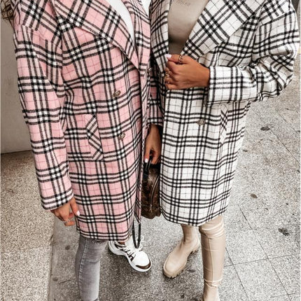 Women's Plaid Jacket Casual Button Wool Blend Winter Tartan Trench Coat With Pockets