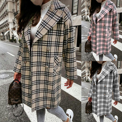 Women's Plaid Jacket Casual Button Wool Blend Winter Tartan Trench Coat With Pockets