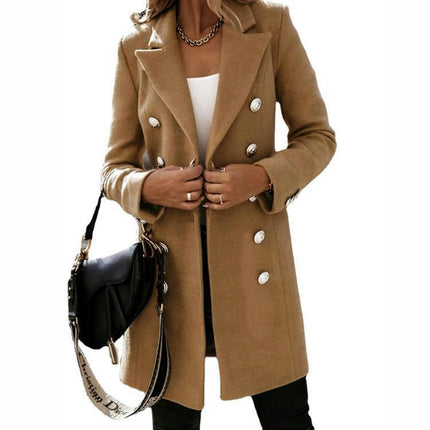 Women's Notch Lapel Double Breasted Wool Blend Mid Long Pea Trench Coat