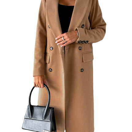 Women's Double-breasted Notched Lapel Midi Solid Color Pea Coat Jackets