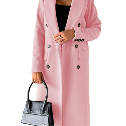 Women's Double-breasted Notched Lapel Midi Solid Color Pea Coat Jackets