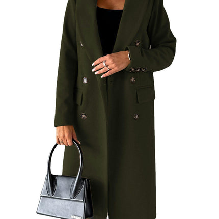 Women's Double-breasted Notched Lapel Midi Solid Color Pea Coat Jackets