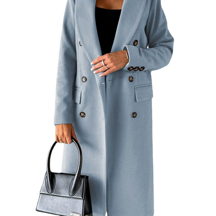 Women's Double-breasted Notched Lapel Midi Solid Color Pea Coat Jackets