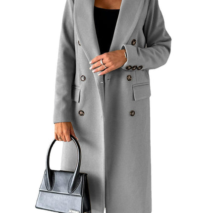 Women's Double-breasted Notched Lapel Midi Solid Color Pea Coat Jackets