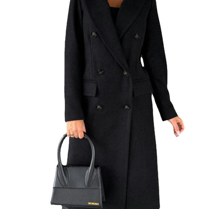 Women's Double-breasted Notched Lapel Midi Solid Color Pea Coat Jackets