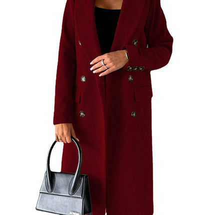 Women's Double-breasted Notched Lapel Midi Solid Color Pea Coat Jackets