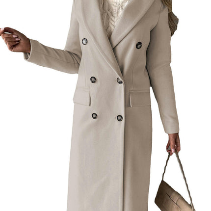 Women's Double-breasted Notched Lapel Midi Solid Color Pea Coat Jackets