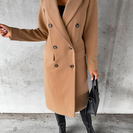 Women's Double-breasted Notched Lapel Midi Solid Color Pea Coat Jackets