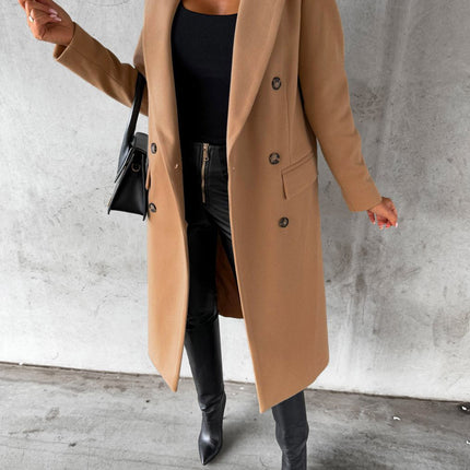 Women's Double-breasted Notched Lapel Midi Solid Color Pea Coat Jackets