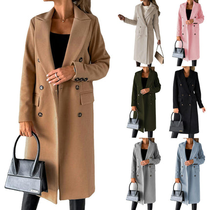 Women's Double-breasted Notched Lapel Midi Solid Color Pea Coat Jackets