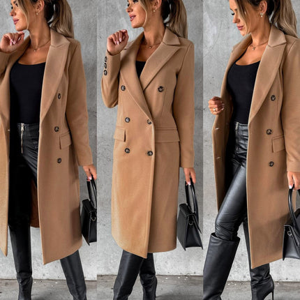 Women's Double-breasted Notched Lapel Midi Solid Color Pea Coat Jackets