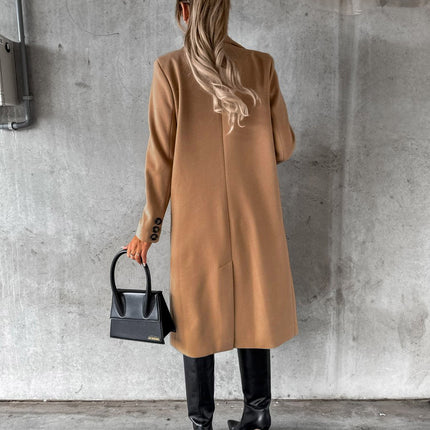 Women's Double-breasted Notched Lapel Midi Solid Color Pea Coat Jackets