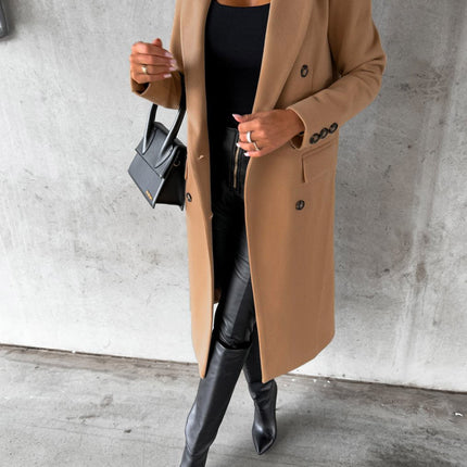 Women's Double-breasted Notched Lapel Midi Solid Color Pea Coat Jackets