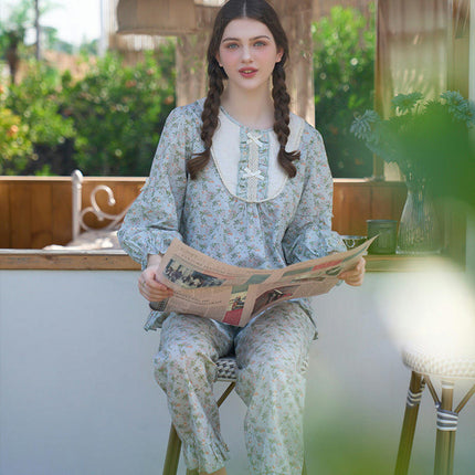 Women's Cotton Pajama Set 2 Piece Vintage Long Sleeve Top Pants Frill Sleepwear