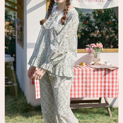 Women's Cotton Pajama Set 2 Piece Vintage Long Sleeve Top Pants Frill Sleepwear