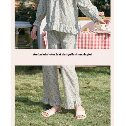 Women's Cotton Pajama Set 2 Piece Vintage Long Sleeve Top Pants Frill Sleepwear