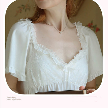 Women's Cotton Nightgown Short Sleeve Sleepwear Vintage Nightshirt Lounge Dress