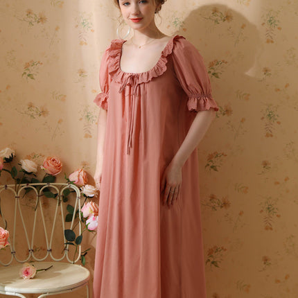 Women's Victorian Nightgown Cotton Short Sleeve Vintage Sleepwear Long Nightdress