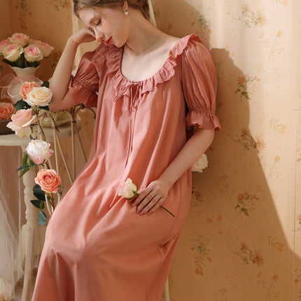 Women's Victorian Nightgown Cotton Short Sleeve Vintage Sleepwear Long Nightdress