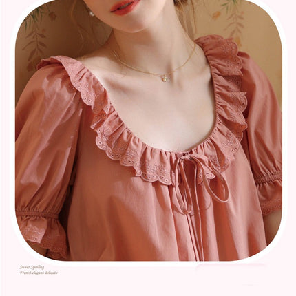 Women's Victorian Nightgown Cotton Short Sleeve Vintage Sleepwear Long Nightdress