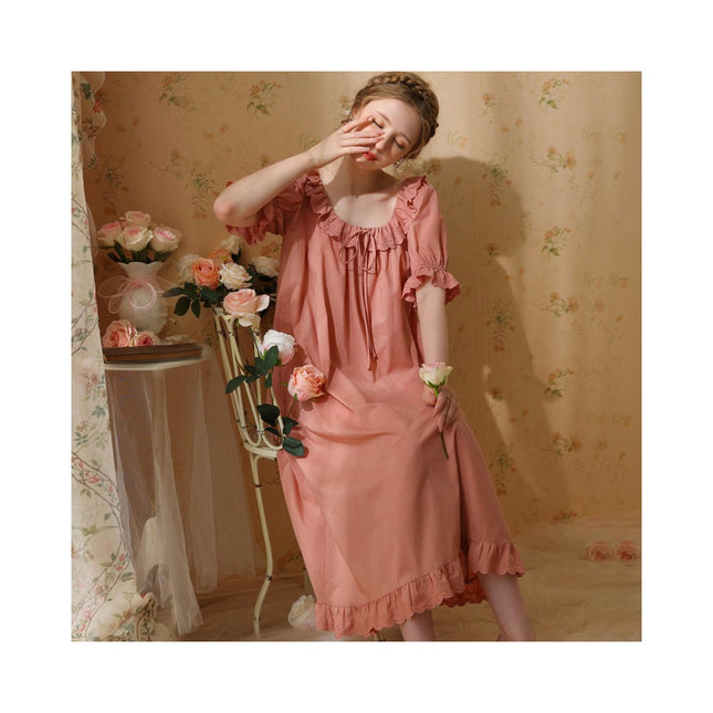 Women's Victorian Nightgown Cotton Short Sleeve Vintage Sleepwear Long Nightdress