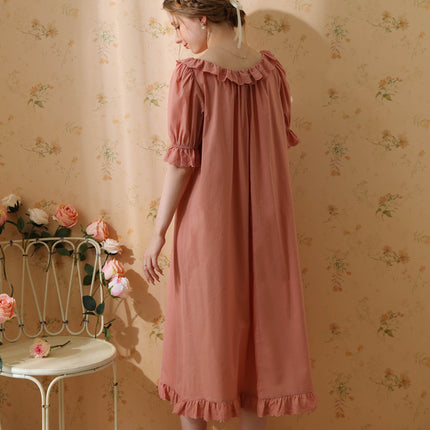 Women's Victorian Nightgown Cotton Short Sleeve Vintage Sleepwear Long Nightdress