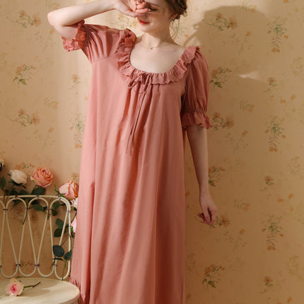 Women's Victorian Nightgown Cotton Short Sleeve Vintage Sleepwear Long Nightdress