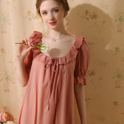 Women's Victorian Nightgown Cotton Short Sleeve Vintage Sleepwear Long Nightdress
