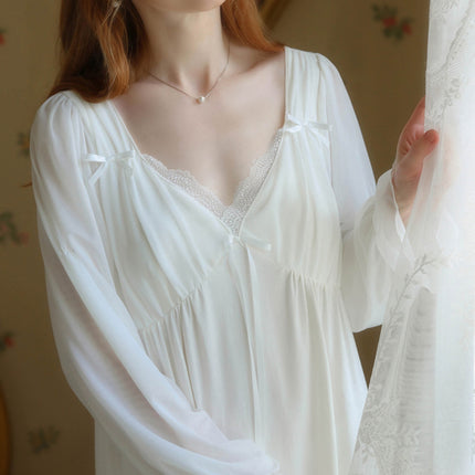 Women's Nightgown Vintage Sleepwear Long Sleeve V Neck Nightdress