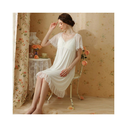 Women Nightdress Short Sleeve Vintage Nightgown Victorian Sleepwear Lounge Dress