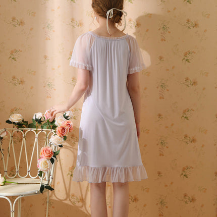 Women Nightdress Short Sleeve Vintage Nightgown Victorian Sleepwear Lounge Dress