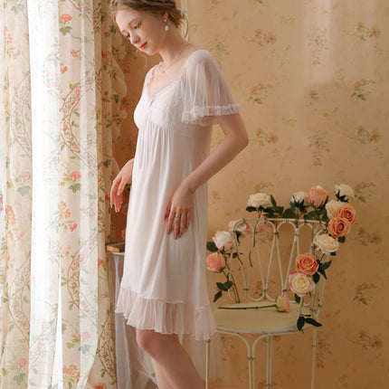 Women Nightdress Short Sleeve Vintage Nightgown Victorian Sleepwear Lounge Dress