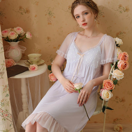Women Nightdress Short Sleeve Vintage Nightgown Victorian Sleepwear Lounge Dress