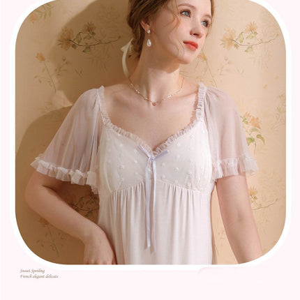 Women Nightdress Short Sleeve Vintage Nightgown Victorian Sleepwear Lounge Dress