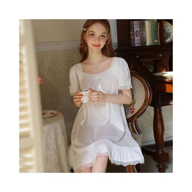 Women's Cotton Nightgown Short Sleeve Sleepwear Vintage Victorian Nightshirt Lounge Dress